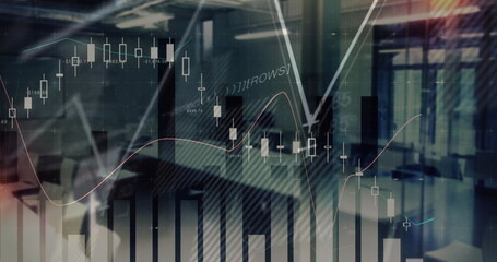 Animating financial visuals drifting over office interior, with candlestick chart and trend line