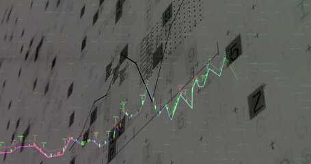 Showing multi-colored line chart on screen, with candlestick markers, data points, grid nodes