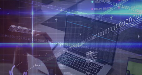 Woman typing code on laptop in home office, with smartphone notebook pen digital overlays