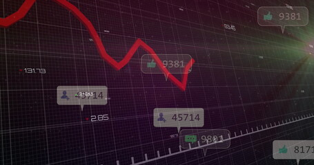 Showing red line graph trending downward on grid dashboard, numbers, speech bubbles  and  lens flare