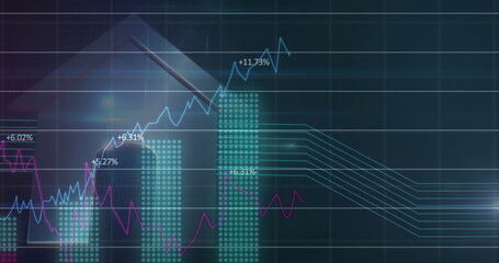 Displaying arrow icon tracing growth on dashboard, showing light blue or magenta lines, turquoise ba