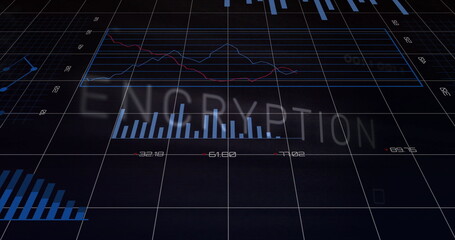 Displaying ENCRYPTION overlay on 3D grid floor at virtual dashboard, with bar and line charts