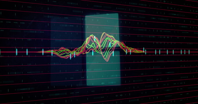 Displaying neon-colored waveform undulating around axis on dark screen, with turquoise rectangle - Powered by Adobe