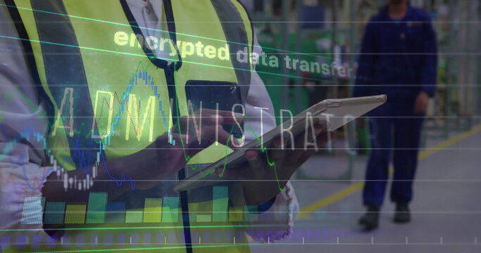 Tapping tablet technician in vest among warehouse racks, with data overlay, copy space