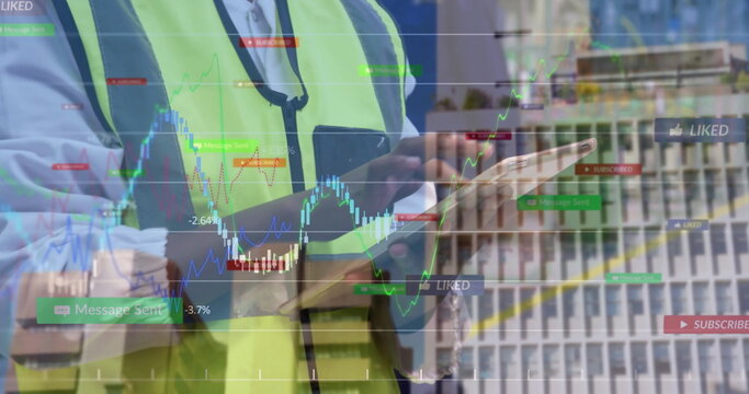 Viewing stock charts, alerts on tablet, engineer in neon vest holding coffee on site balcony