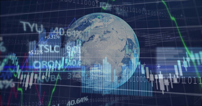 Naklejki Spinning transparent Earth globe hovering over dark grid, with candlestick charts and binary code