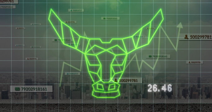 Displaying neon green geometric bull head graphic overlaying urban skyline grid, with line charts