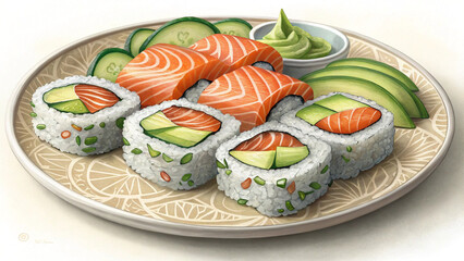 Delicious looking salmon avocado sushi rolls and nigiri with wasabi on a decorative plate