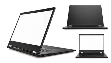 Set of modern black laptops with blank white screens isolated on white background, multiple angles for technology and business concepts
