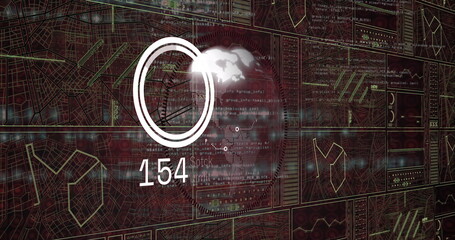 Showing circular gauge reading 154 over globe in digital interface, with grid maps and code panels