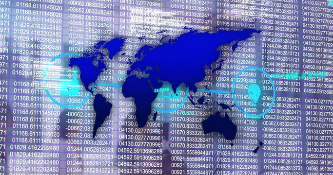 Displaying world map on data dashboard, with scrolling numeric data columns and cyan highlights - Powered by Adobe