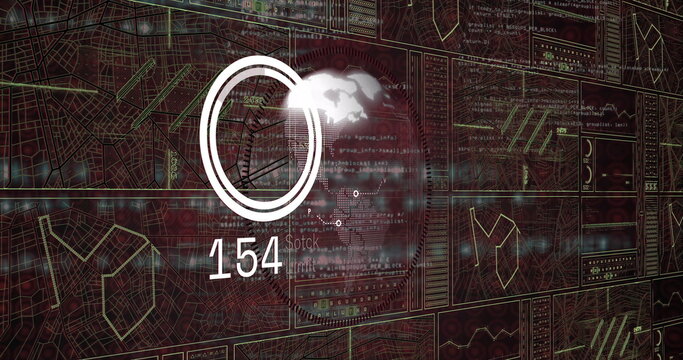 Showing circular gauge reading 154 over globe in digital interface, with grid maps and code panels