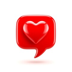 Illustration of a glossy red heart inside a red chat bubble, symbolizing love and social media likes, isolated on white