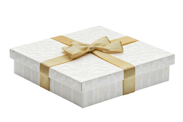Elegant white gift box with a golden ribbon and bow isolated on transparent background. White gift box with gold ribbon isolated on white background.
