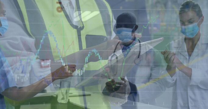 Team blending construction in clinical corridor, with tablet, syringe, gloves, financial data - Powered by Adobe