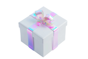 Obraz premium Holographic gift box with pink ribbon isolated on transparent background. White gift box with ribbon holographic Iridescent icon isolated on white background, 3d rendering.