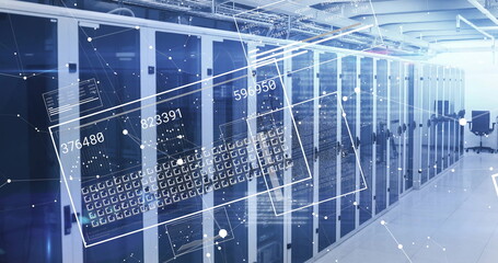 Extending long row of server cabinets through data center corridor, with holographic data overlays