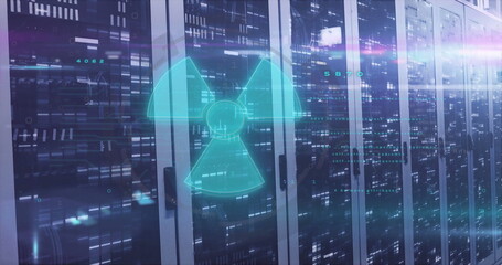 Lining server racks emitting LED lights in data center corridor, with holographic radiation icon