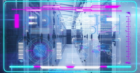 Showing central walkway hosting server cabinets and raised flooring at datacenter with HUD overlay