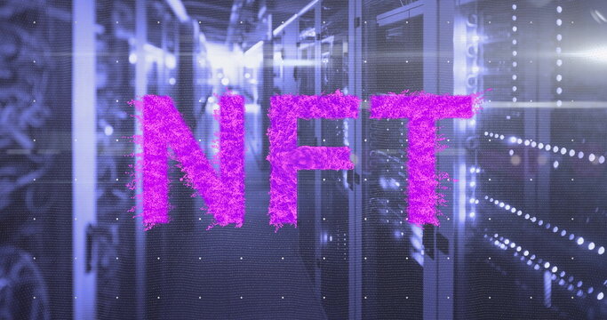 Displaying fuzzy neon pink holographic NFT letters in dim data center corridor, with blinking LEDs