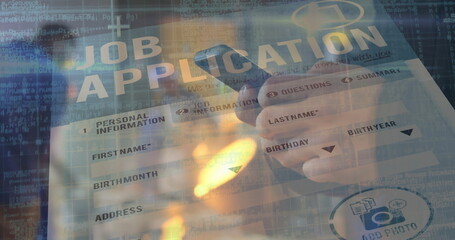 Blending printed job application form with code overlay in digital interface, with smartphone