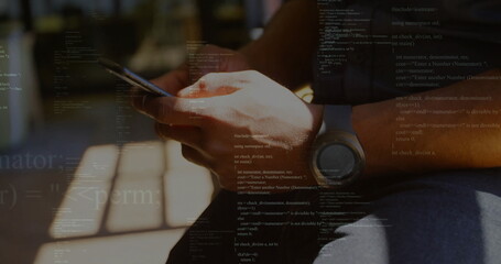 Holding smartphone, adult hands scrolling on wooden bench, with smartwatch and code overlay