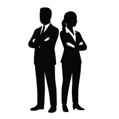 Silhouette of a man and woman in business attire with arms crossed isolated on white background