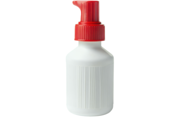 White plastic bottle with red spray nozzle isolated on transparent background. White glue bottle isolated on white background.
