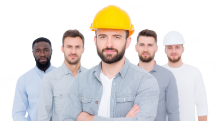 Construction workers in hard hats stand confidently, showcasing teamwork and professionalism in construction environment. Their diverse appearances highlight unity and collaboration in industry