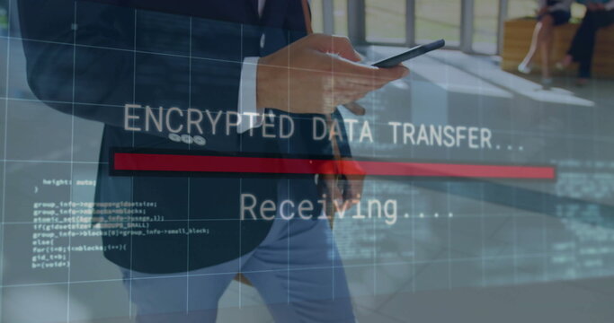 Walking man wearing dark blazer holding smartphone in office lobby, with encrypted data overlay