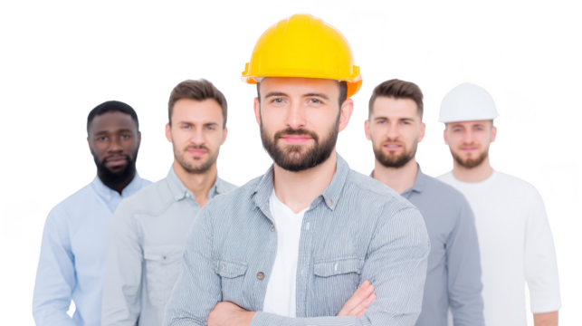 Construction workers in hard hats stand confidently, showcasing teamwork and professionalism in construction environment. Their diverse appearances highlight unity and collaboration in industry