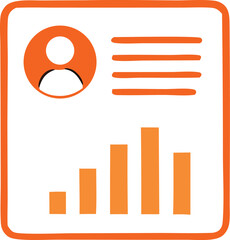 Orange and white infographic icon representing user profile data analytics with a bar chart and text lines