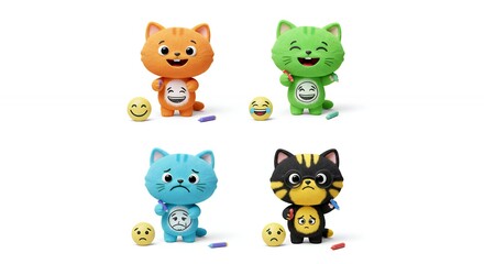 Fototapeta premium Four colorful plush cat toys with different emotions