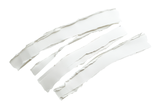 Torn white paper strips isolated on transparent background. White ripped paper torn edges strips isolated on white background.