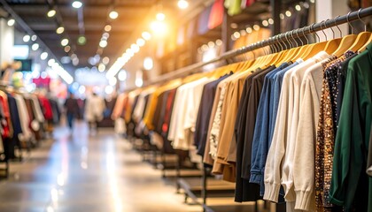 Clothing store interior, racks of garments