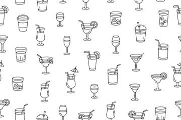 Seamless pattern of cocktail glasses of various shapes and purposes in doodle style.