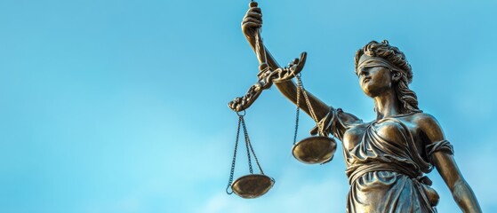 The justice statue holding scales against a clear blue sky.