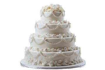 Elegant white wedding cake with intricate floral decorations isolated on transparent background. White wedding cake isolated on white background.