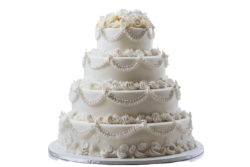 Elegant white wedding cake with intricate floral decorations isolated on transparent background. White wedding cake isolated on white background.