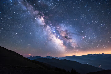 Naklejka premium Milky Way galaxy over mountain silhouette at night