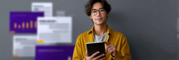 A young man with glasses holding a tablet stands confidently in front of digital documents and graphs, showcasing a modern workspace.