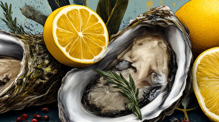 Horizontal border with oysters on a white background. Hand-drawn oysters, lemon slices, herbs, and salt. Hand-drawn seafood delicacies for restaurant and seafood café menus, packaging design.