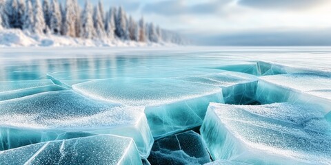 Stunning Frozen Aquamarine Wilderness Featuring Icy Plains and Cracking Textures in Winter Forest