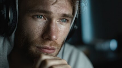 A close-up of a thoughtful young man wearing headphones, gazing into the distance, illuminated by soft lighting, conveying a sense of contemplation and focus.