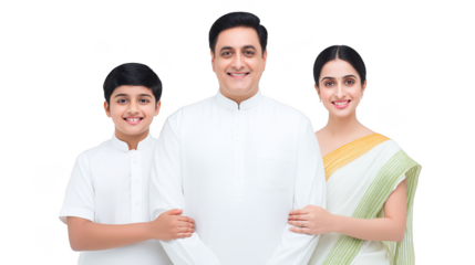 Happy family portrait featuring father, mother, and son, all dressed traditional attire. father wears white kurta, mother is white saree with green accents, and son is white shirt. background