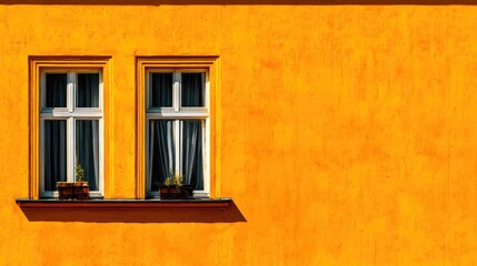 Obraz premium Two windows with white frames set in an orange wall.