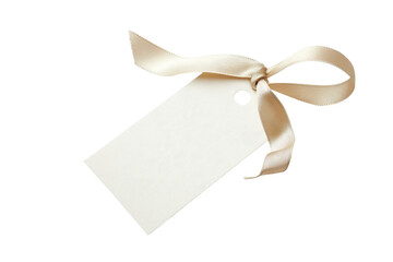 Blank gift tag with textured ribbon tied in a bow isolated on transparent background. blank white gift tag with ribbon isolated on white background.