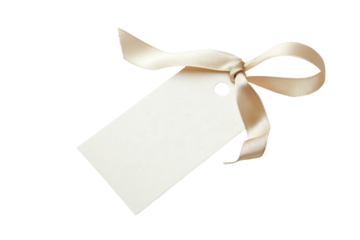 Blank gift tag with textured ribbon tied in a bow isolated on transparent background. blank white gift tag with ribbon isolated on white background.