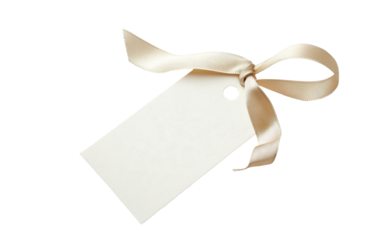 Blank gift tag with textured ribbon tied in a bow isolated on transparent background. blank white gift tag with ribbon isolated on white background.