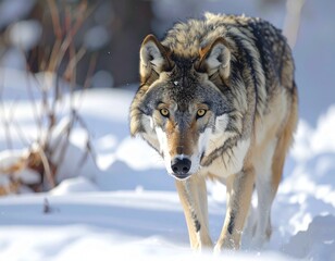Obraz premium Wolf walking in snowy wilderness, piercing eyes, ultra realistic, 8K